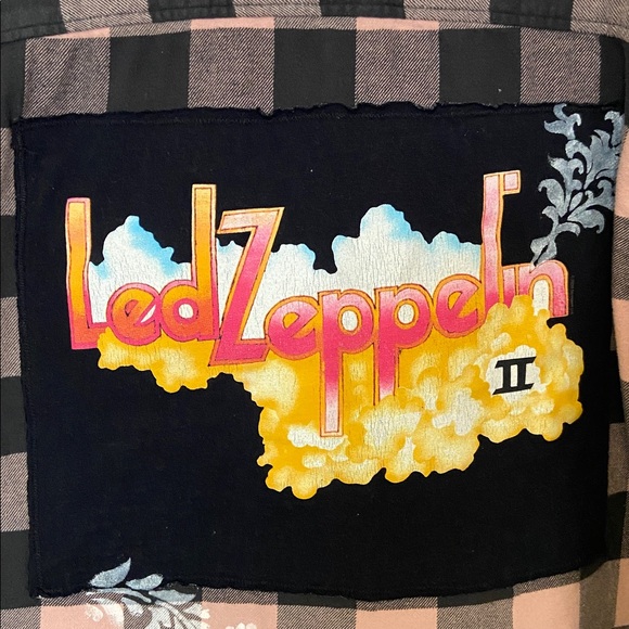 American Eagle Upcycled Flannel Led Zeppelin Patch Shirt Denim Pocket Large - Picture 8 of 13